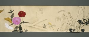 野生生物のともだち（やさいのとも）、大正時代、大正7年、1918年頃（雲母で飾られた紙の上にインクとトイレ） 作： Ryoka Kawakami